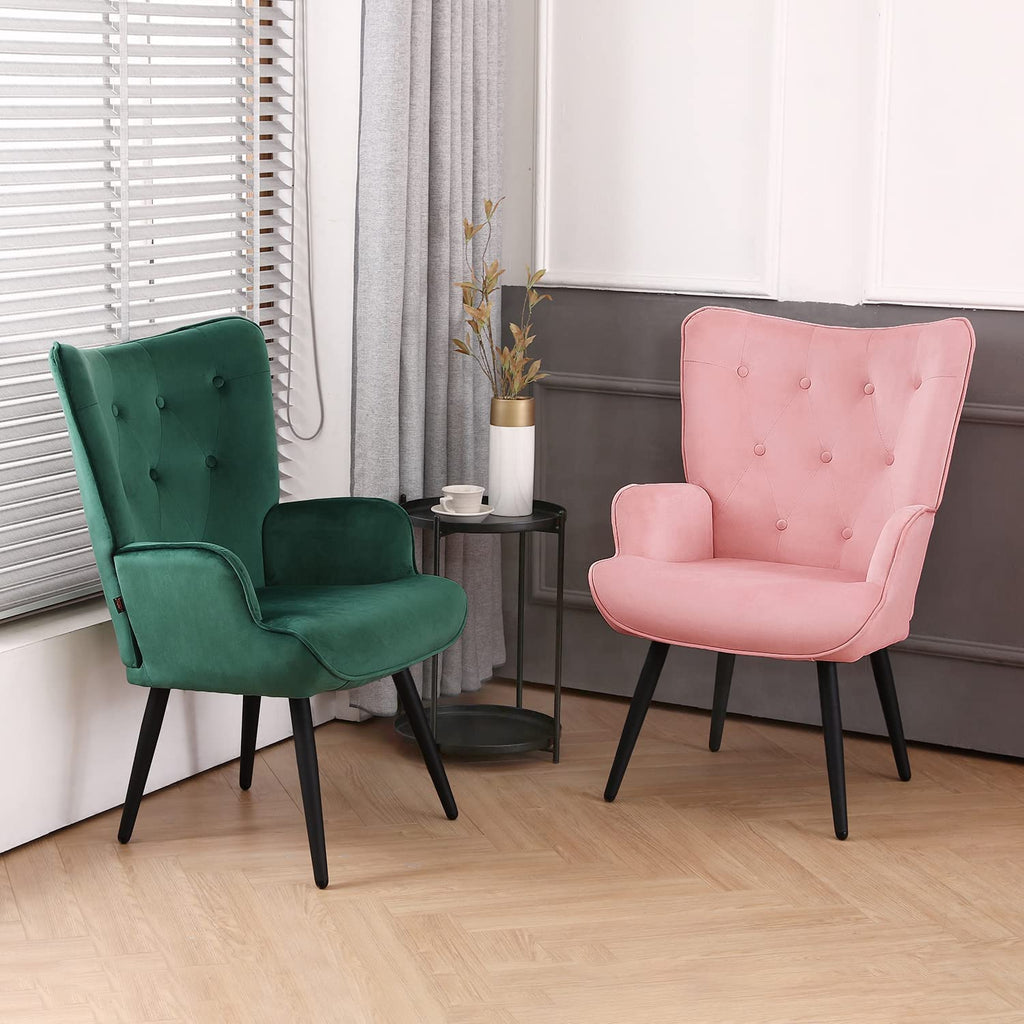 Pink Velvet Tufted Wingback Accent Chair with Solid Metal Legs C27719