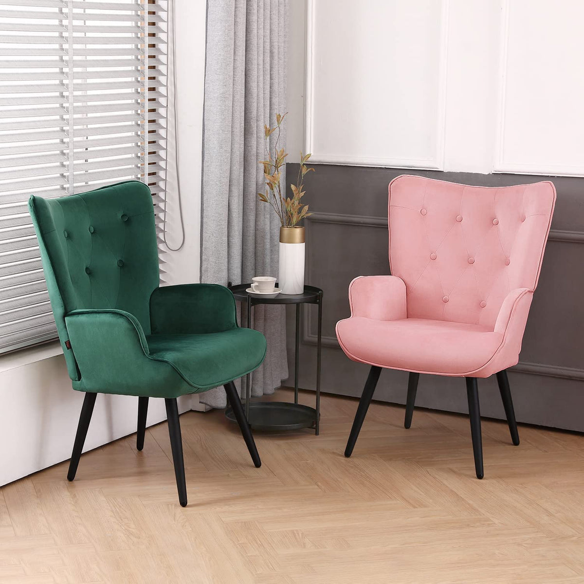 Pink Velvet Tufted Wingback Accent Chair with Solid Metal Legs C27719