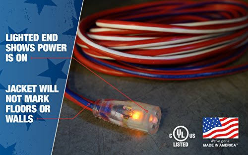 Red White and Blue 100-Feet 12/3 Extension Cord with Lighted End O9905