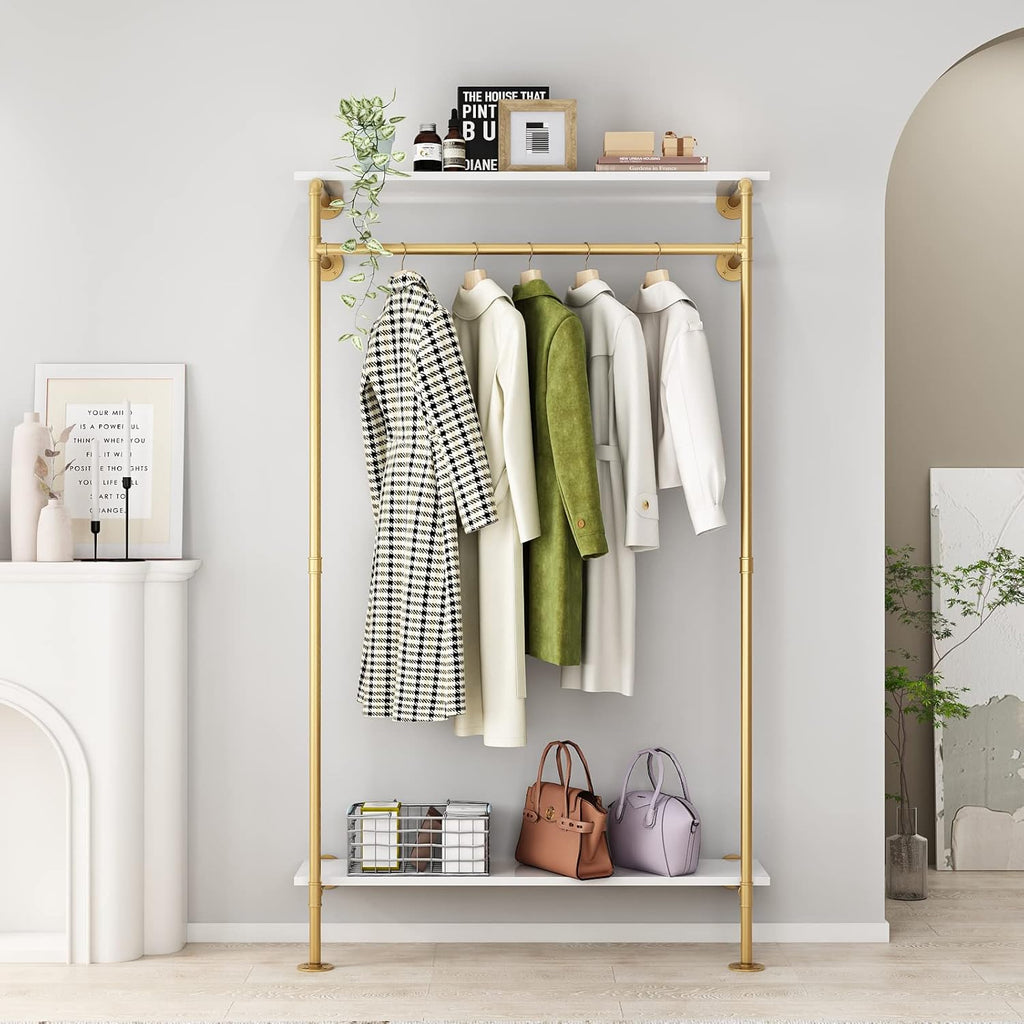 Industrial Pipe Clothing Rack with 2-tier Wooden Shelves Gold R6289