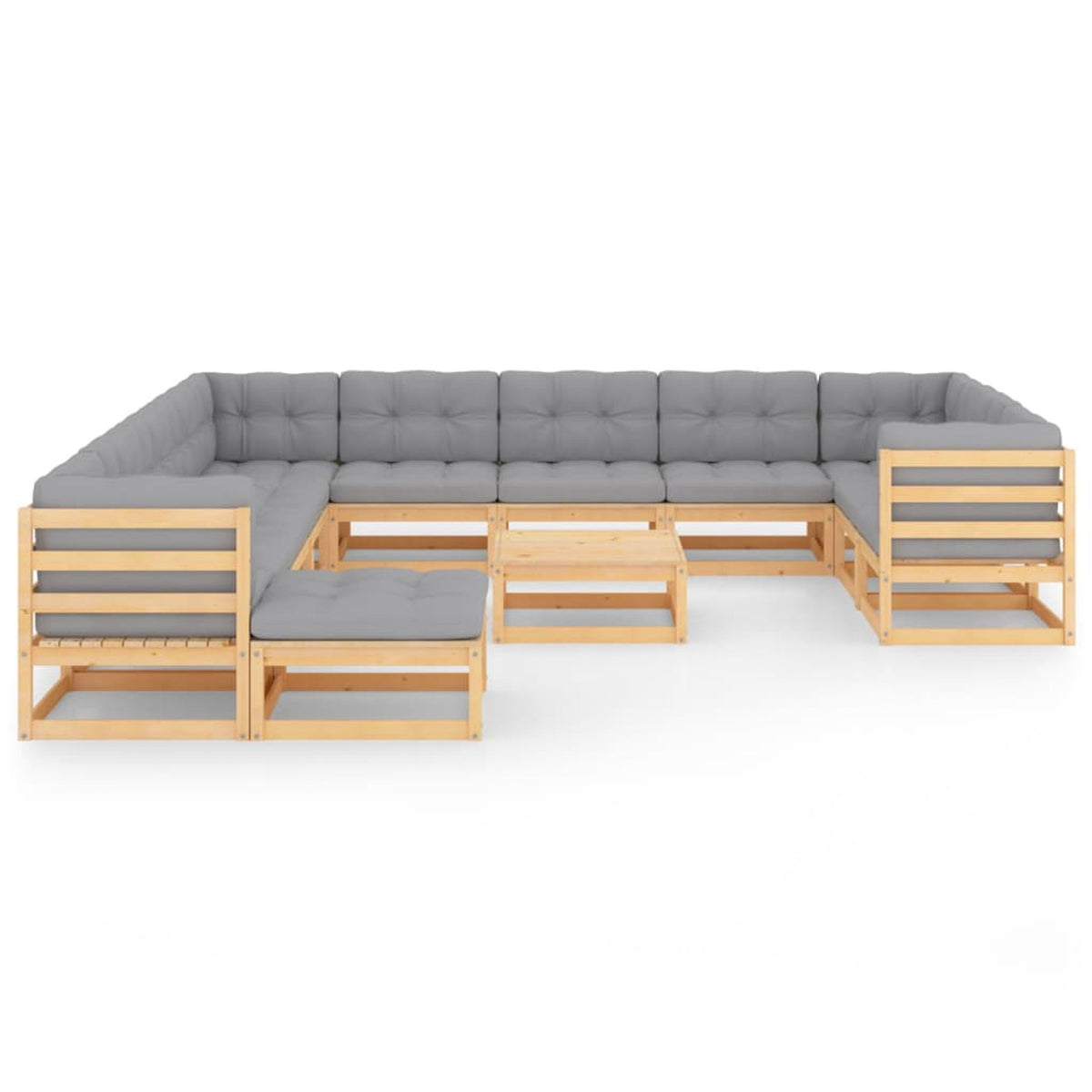 13 Piece Gray Cushioned Pinewood Sectional Outdoor Furniture Set W6937