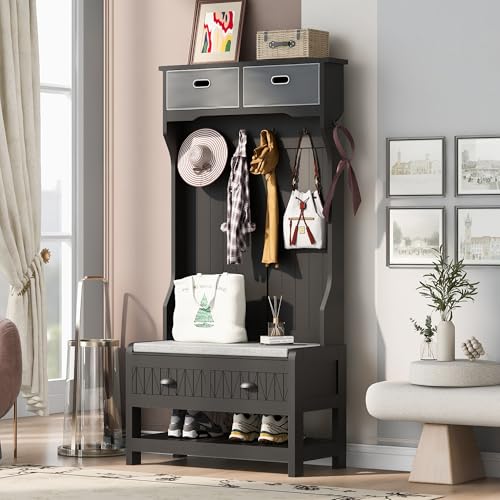 60 Inch Black Hall Tree with Bench and Shoe Storage R674