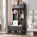 60 Inch Black Hall Tree with Bench and Shoe Storage R674