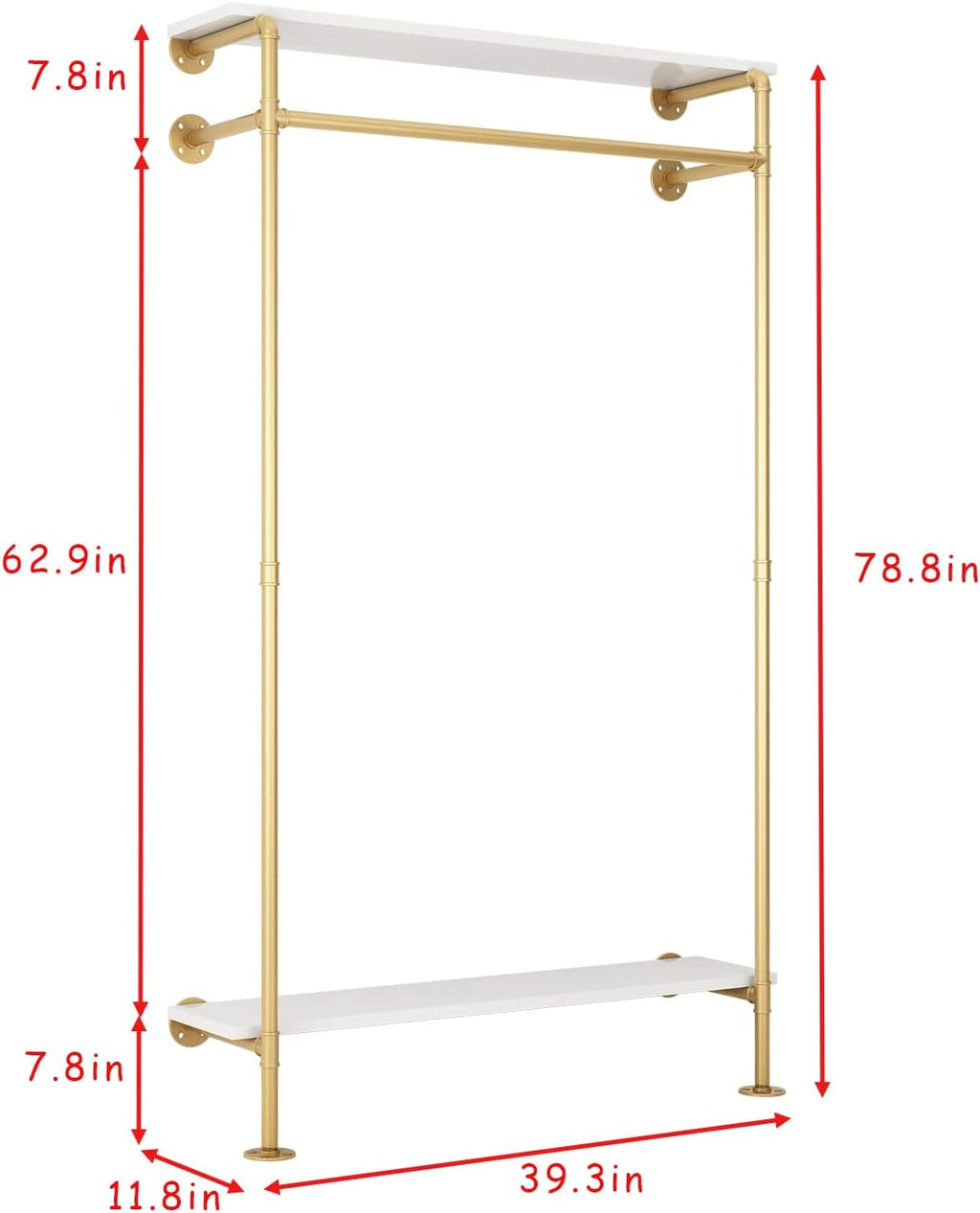 Industrial Pipe Clothing Rack with 2-tier Wooden Shelves Gold R6289