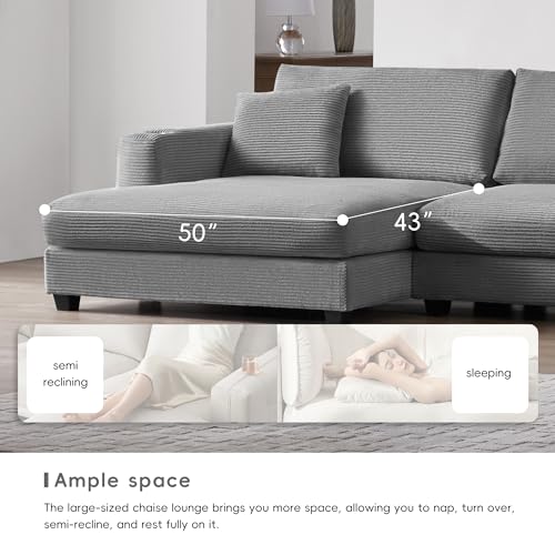 Beige Oversized Corduroy L Shaped Sectional Sofa with Chaise S5425