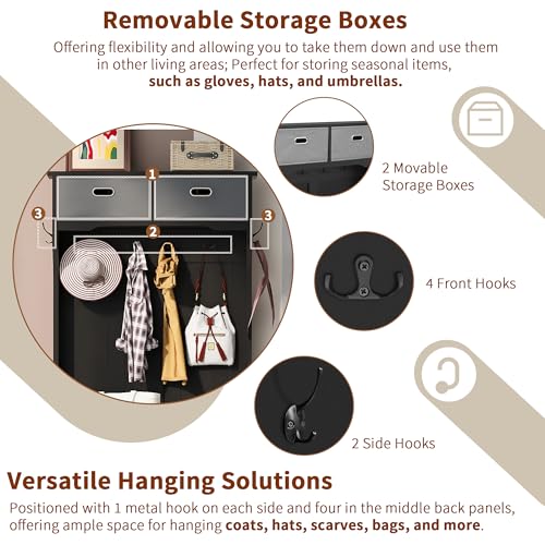 60 Inch Black Hall Tree with Bench and Shoe Storage R674
