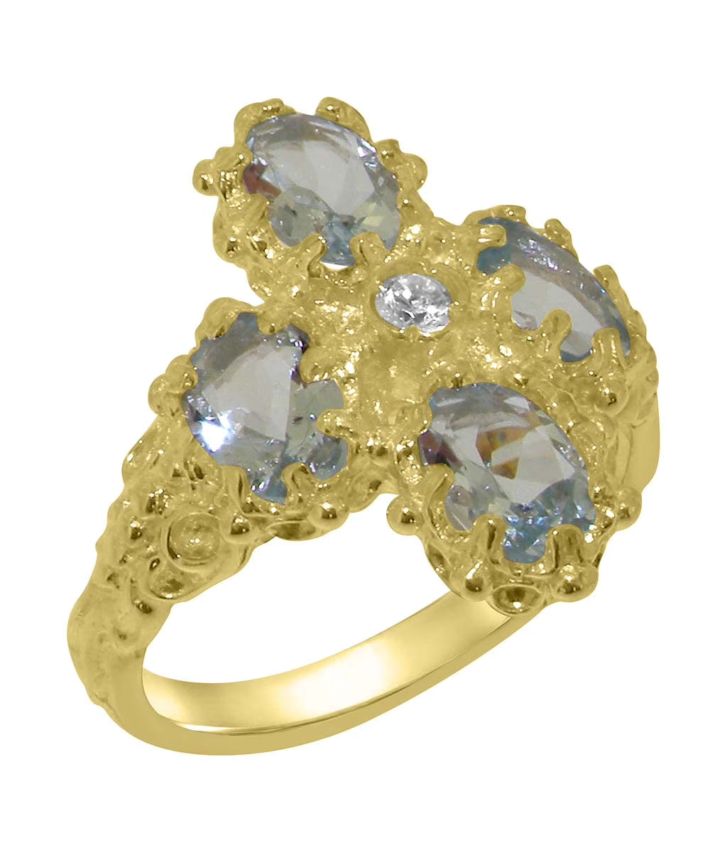14k Yellow Gold Natural Diamond & Aquamarine Womens Engagement Ring N999