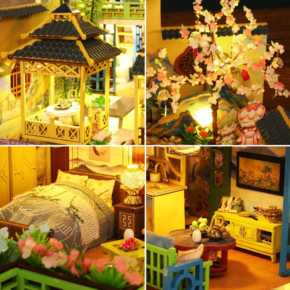 Miniature Three-Storey Villa Dolls House, Wooden Furniture, DIY Dollhouse Kit with LED B66689