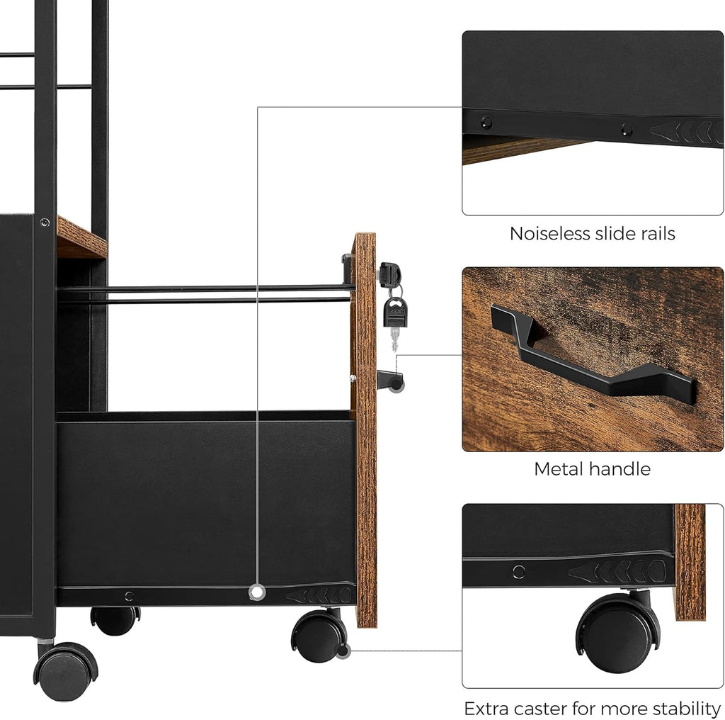 Rustic Brown and Black Rolling File Cabinet with Drawer and Lock Y299189