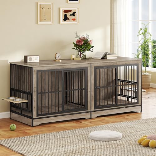 75'' Double Dog Crate Furniture with Double Door Grey P8357