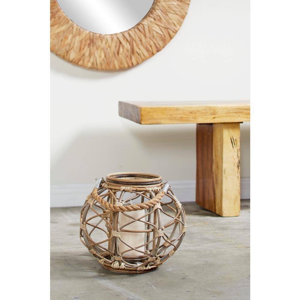 Round Brown Woven Rattan Lantern Candle with Glass Insert U554