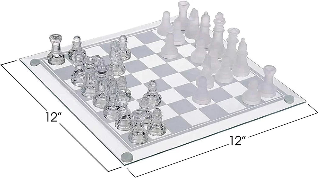 12 inch Glass Chess Set with 32 Frosted Clear Pieces U86479
