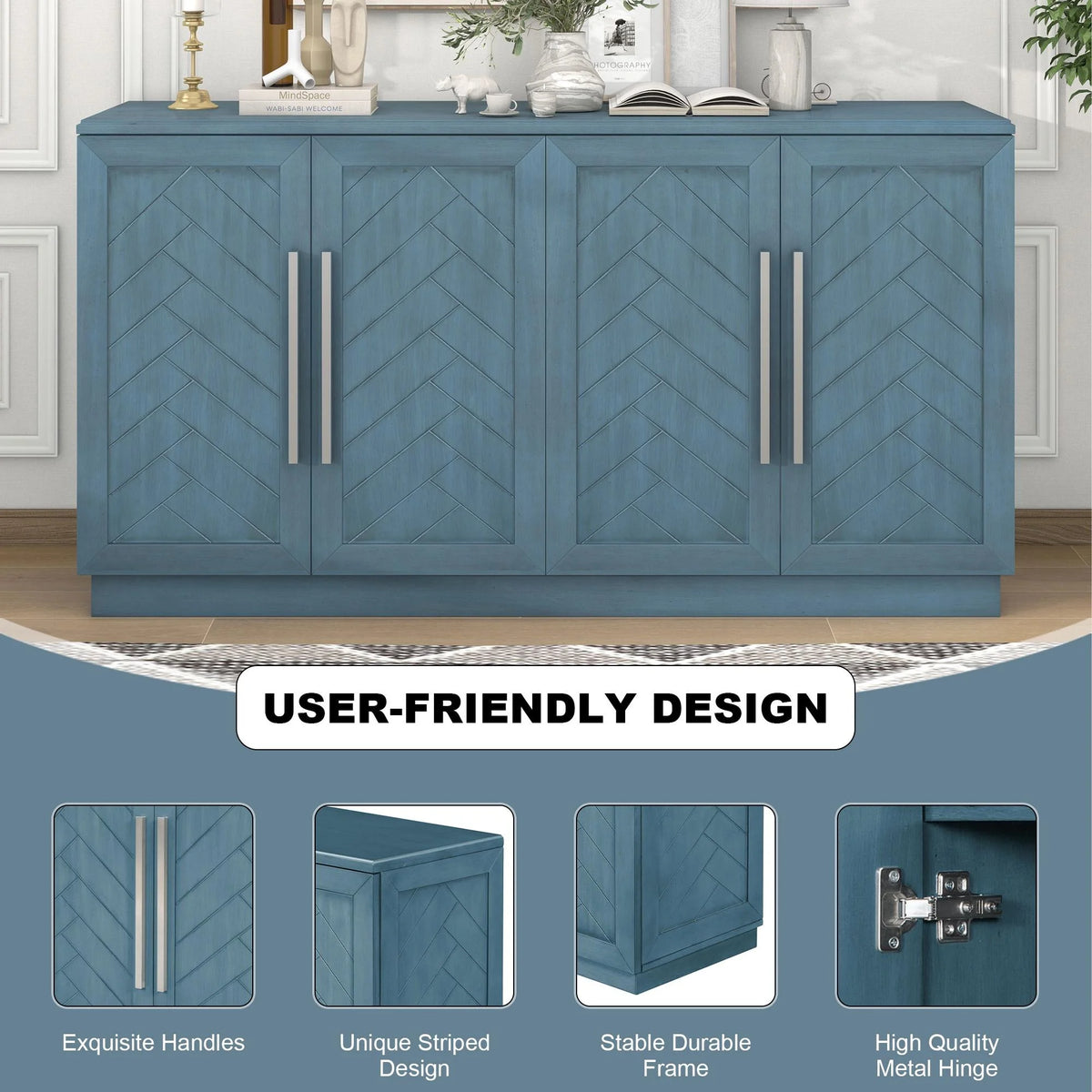 Blue 4 Door Wood Buffet Cabinet with Adjustable Shelves C460