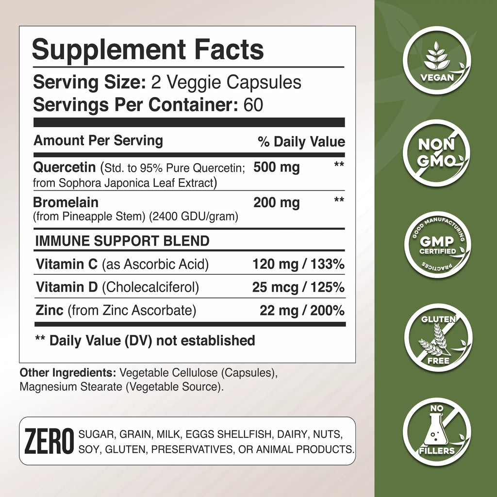 Quercetin 500mg with Vitamin C Zinc Bromelain and Vitamin D3 360 Veggie Caps Q74579