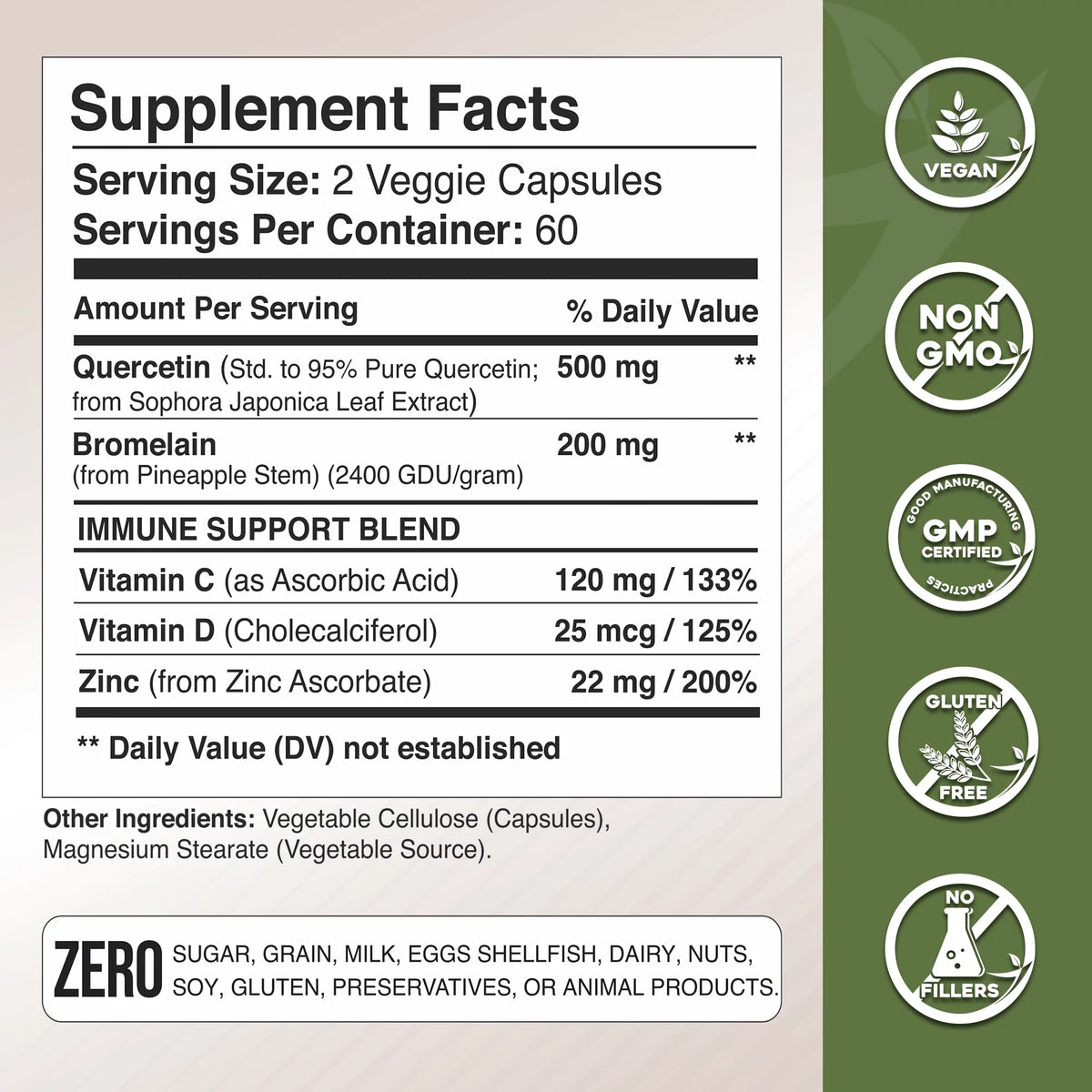 Quercetin 500mg with Vitamin C Zinc Bromelain and Vitamin D3 360 Veggie Caps Q74579