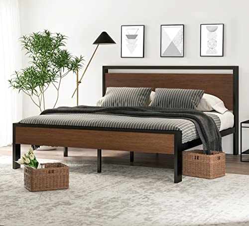 14 Inch Full Size Metal Platform Bed Frame with Wooden Headboard and Footboard B888889