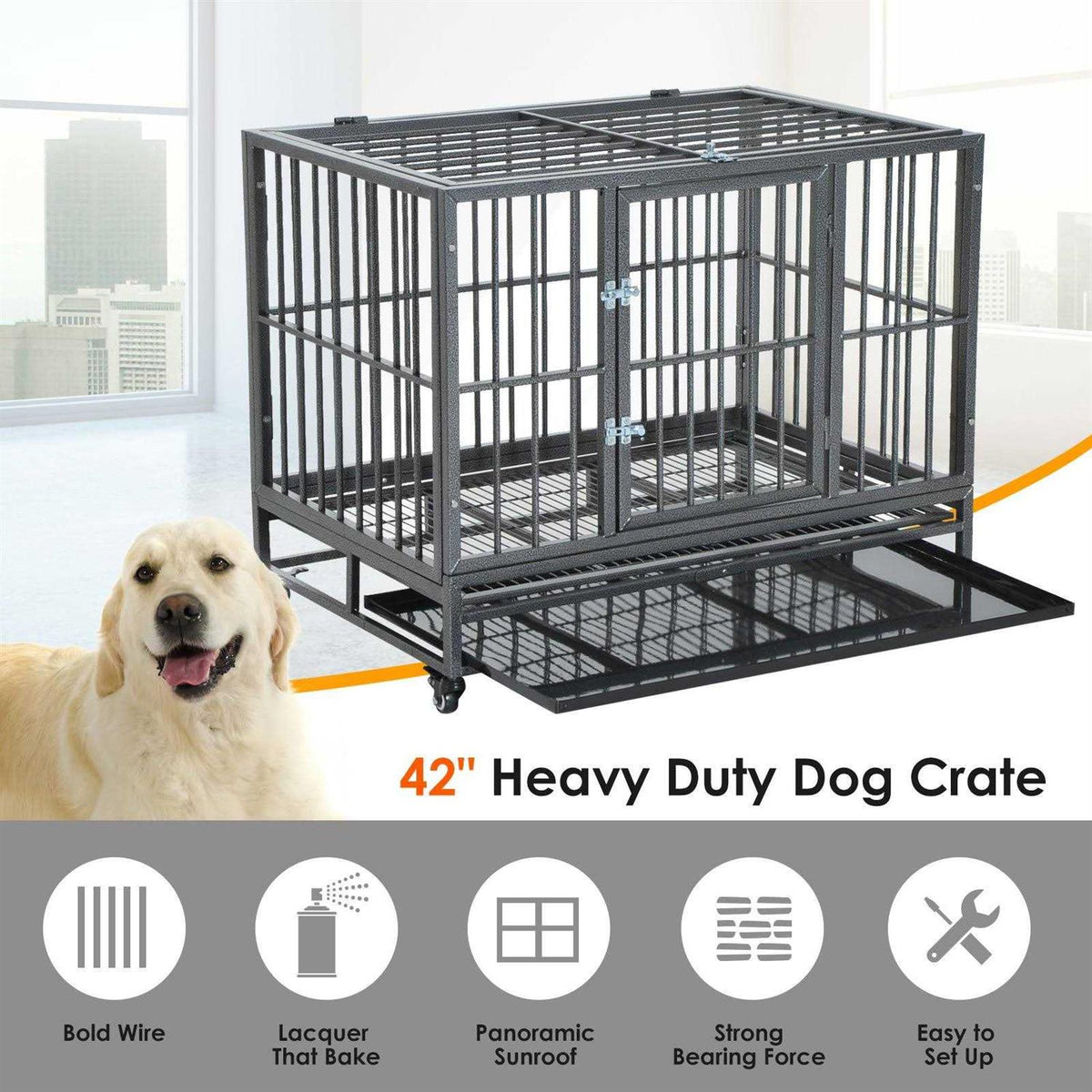 Heavy Duty Dog Crate Metal Cage Kennel with Lockable Wheels G559354