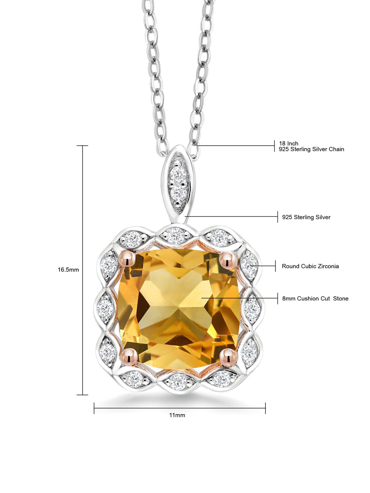 925 Sterling Silver Citrine Pendant Necklace with 18 inch Silver Chain X463416