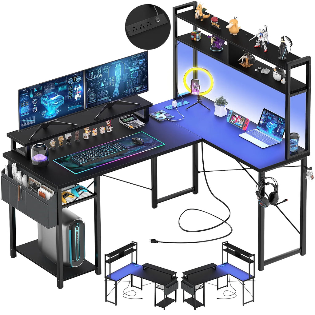 L Shaped Computer Desk with Power Outlets & LED Lights Y340397