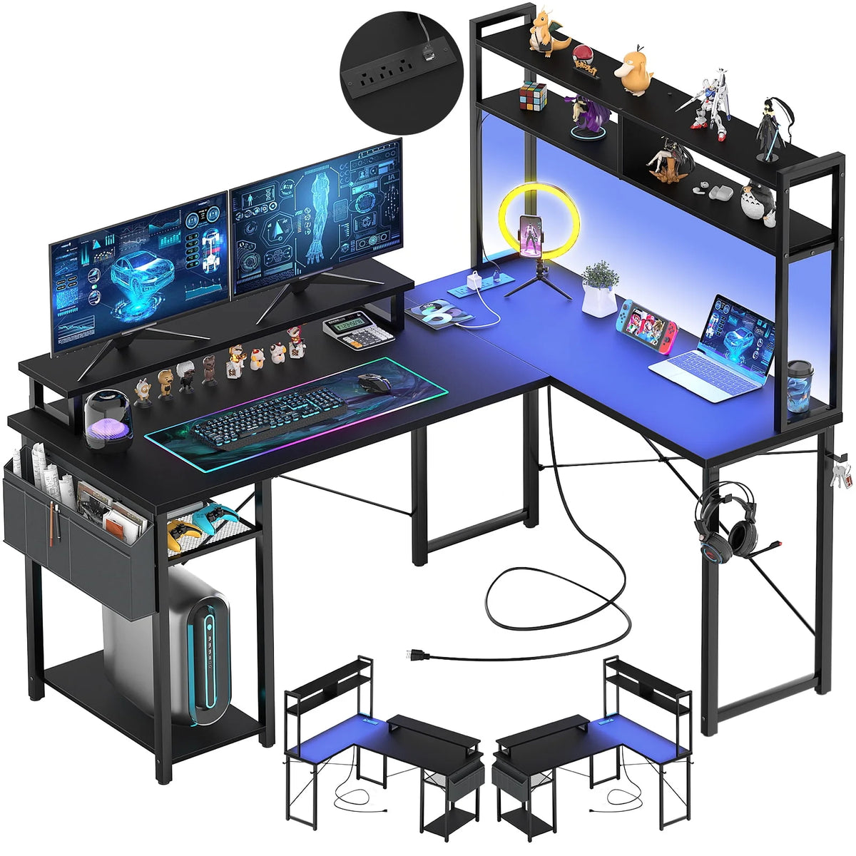 L Shaped Computer Desk with Power Outlets & LED Lights Y340397