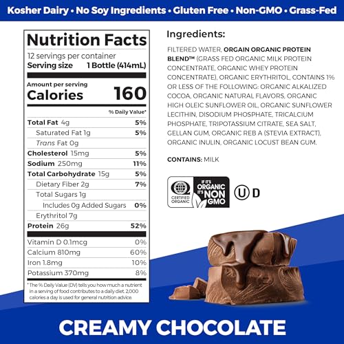 Organic Grass Fed Dairy Creamy Chocolate Whey Protein Shake, 14 Fl Oz (Pack of 12) X96891