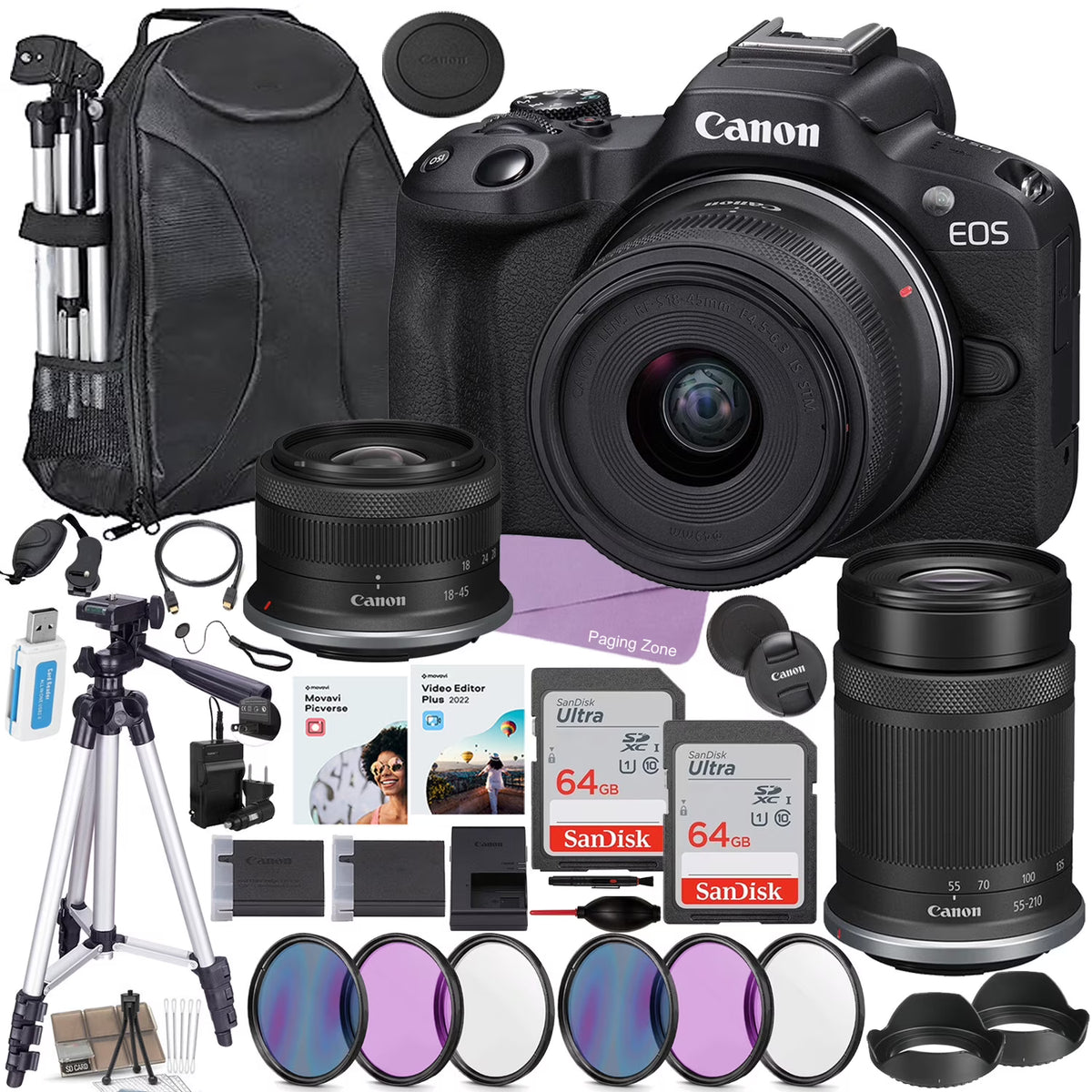 Mirrorless Camera with 18-45mm and 55-210mm Lens Bundle including 128GB Memory, Backpack, Extra Battery, Filters, 5 in 2 Video/Photo Editing Package (40 Items) P79254