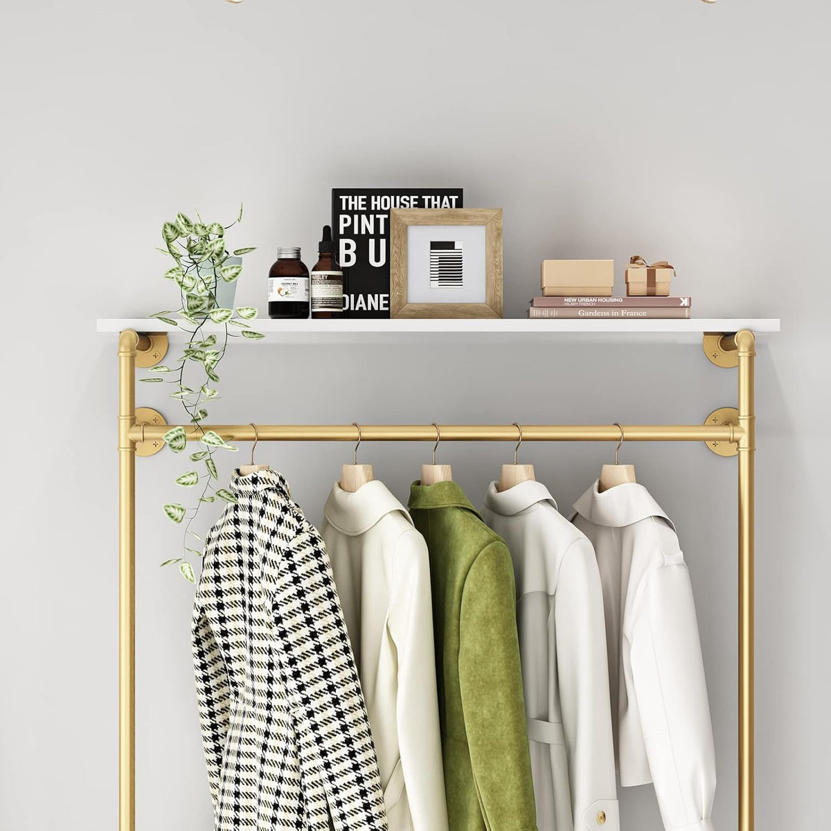 Industrial Pipe Clothing Rack with 2-tier Wooden Shelves Gold R6289