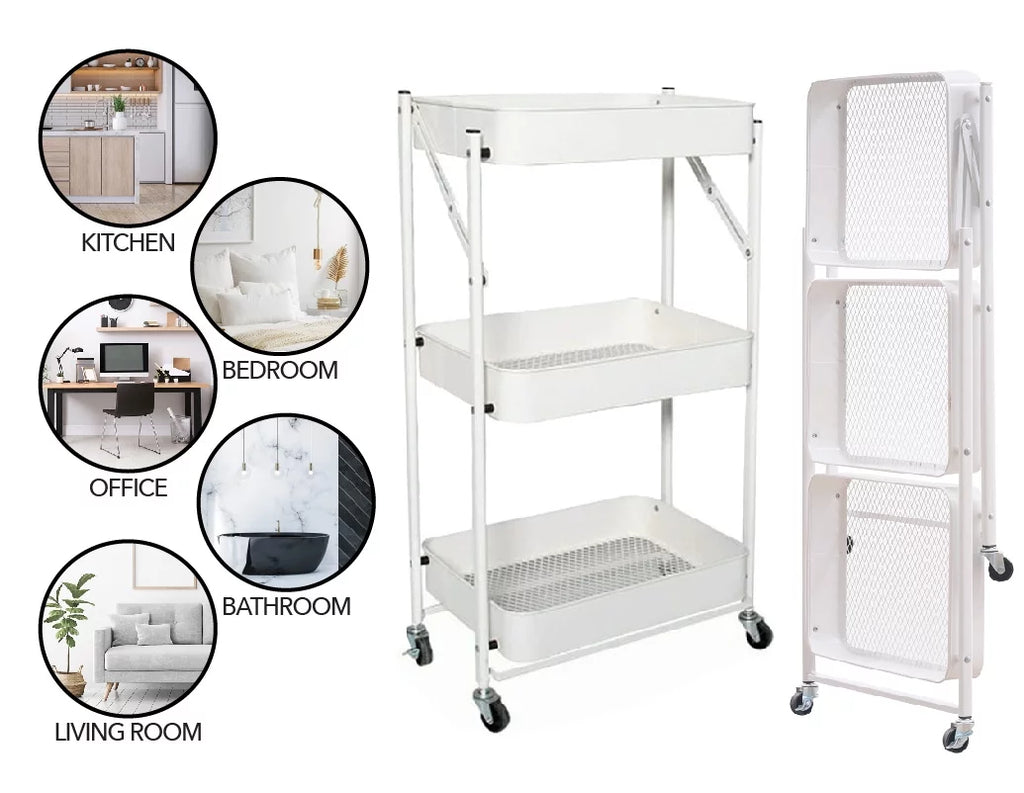 3 Tier Rolling Metal Utility Cart with Wheels, White M8131