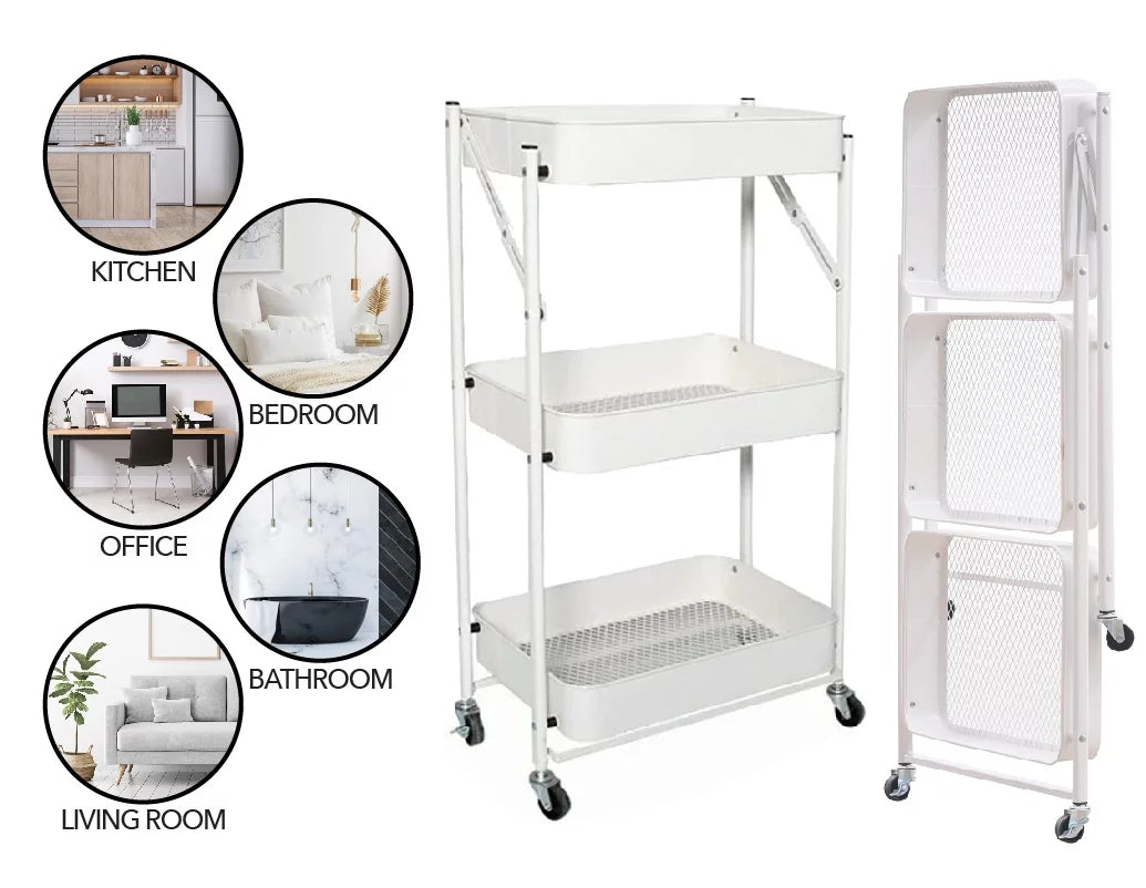 3 Tier Rolling Metal Utility Cart with Wheels, White M8131