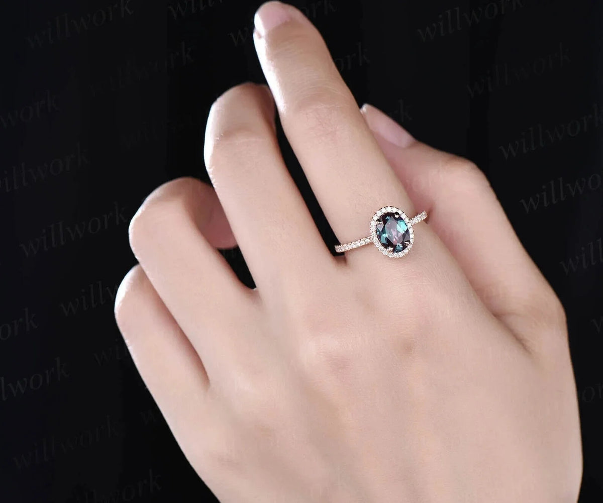 Oval Alexandrite Ring 14k Rose Gold Halo Ring A700