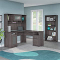 Heather Gray Metal L-Shaped Hutch Desk with 5-Shelf Bookcase T64334