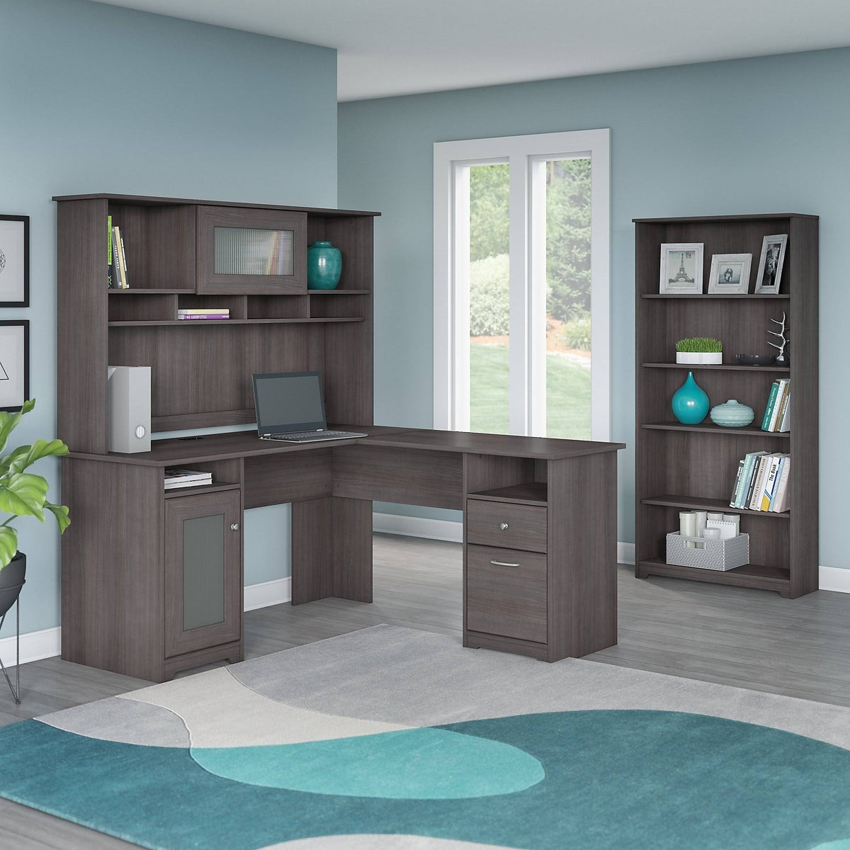 Heather Gray Metal L-Shaped Hutch Desk with 5-Shelf Bookcase T64334