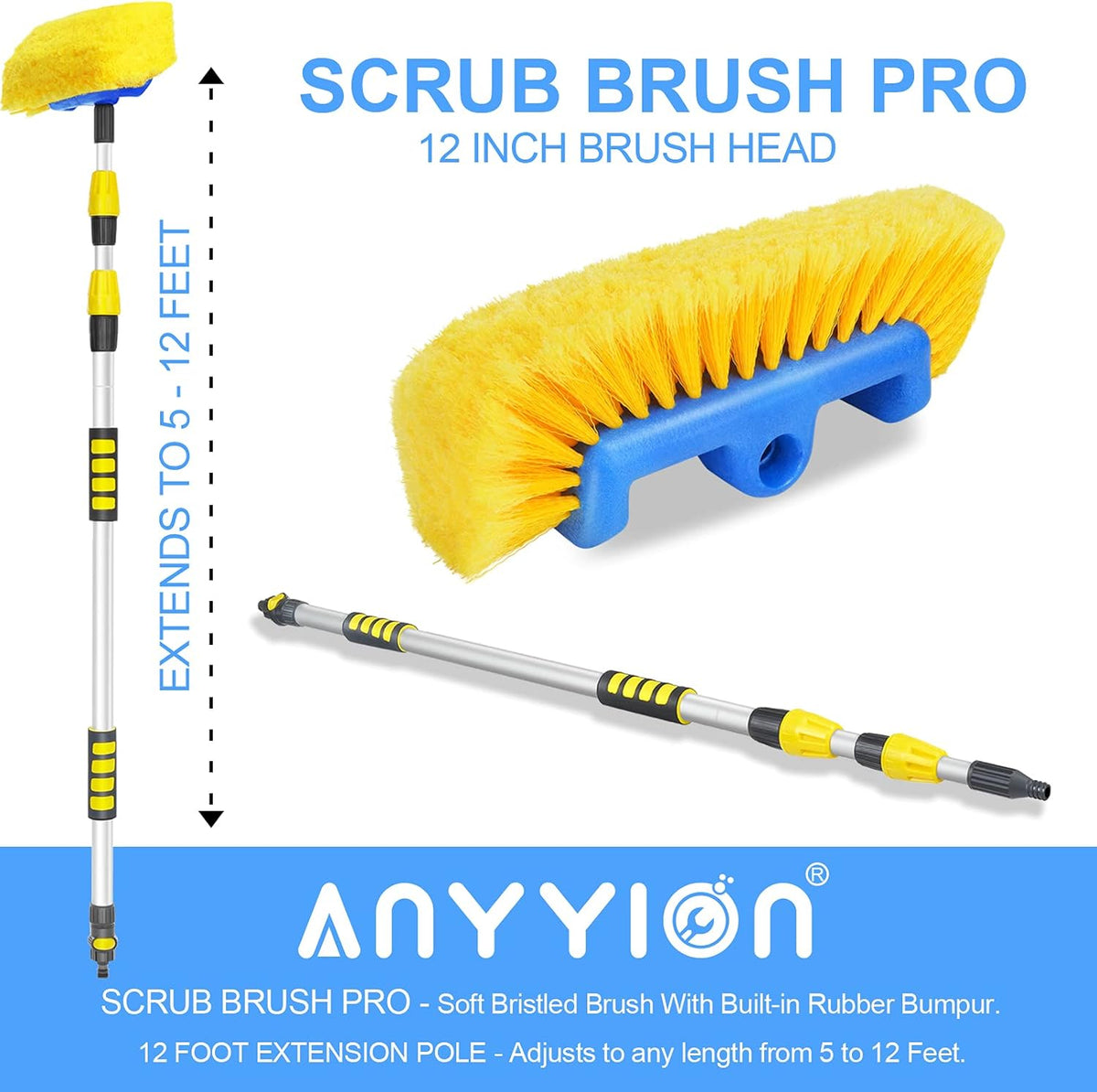 11.5 Foot Telescopic Flow Through Car Wash Brush Soft Bristles Pack of 2 E32455