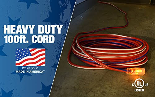 Red White and Blue 100-Feet 12/3 Extension Cord with Lighted End O9905