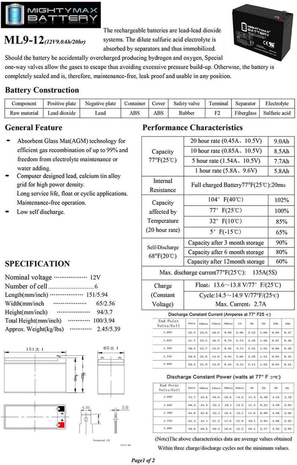 12V 9AH SLA AGM Battery W760516