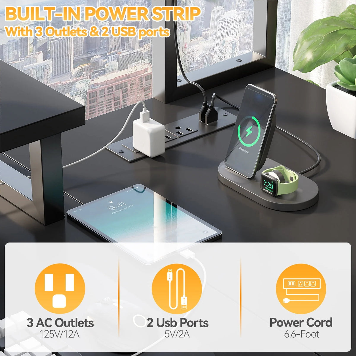 L Shaped Computer Desk with Power Outlets & LED Lights Y340397
