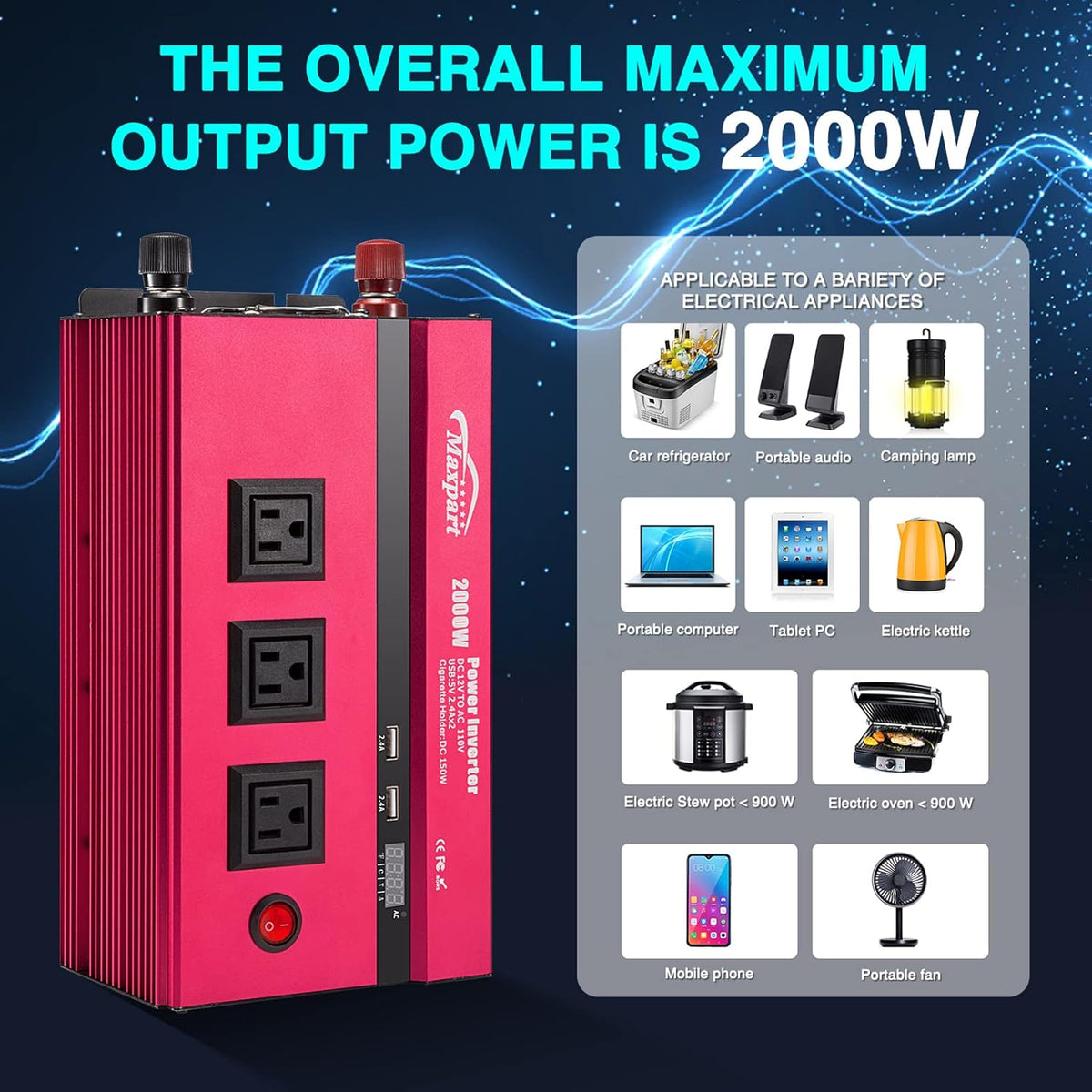 2000W Power Inverter 12v to 110v AC to DC Converter with 3 AC Outlets and USB Charging Port W6750