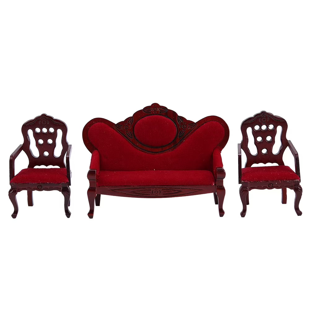 Red Wooden Dollhouse Sofa Chair Set S147
