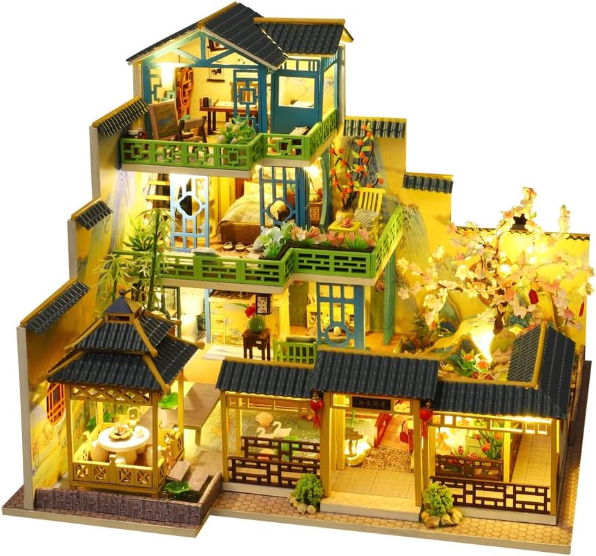 Miniature Three-Storey Villa Dolls House, Wooden Furniture, DIY Dollhouse Kit with LED B66689