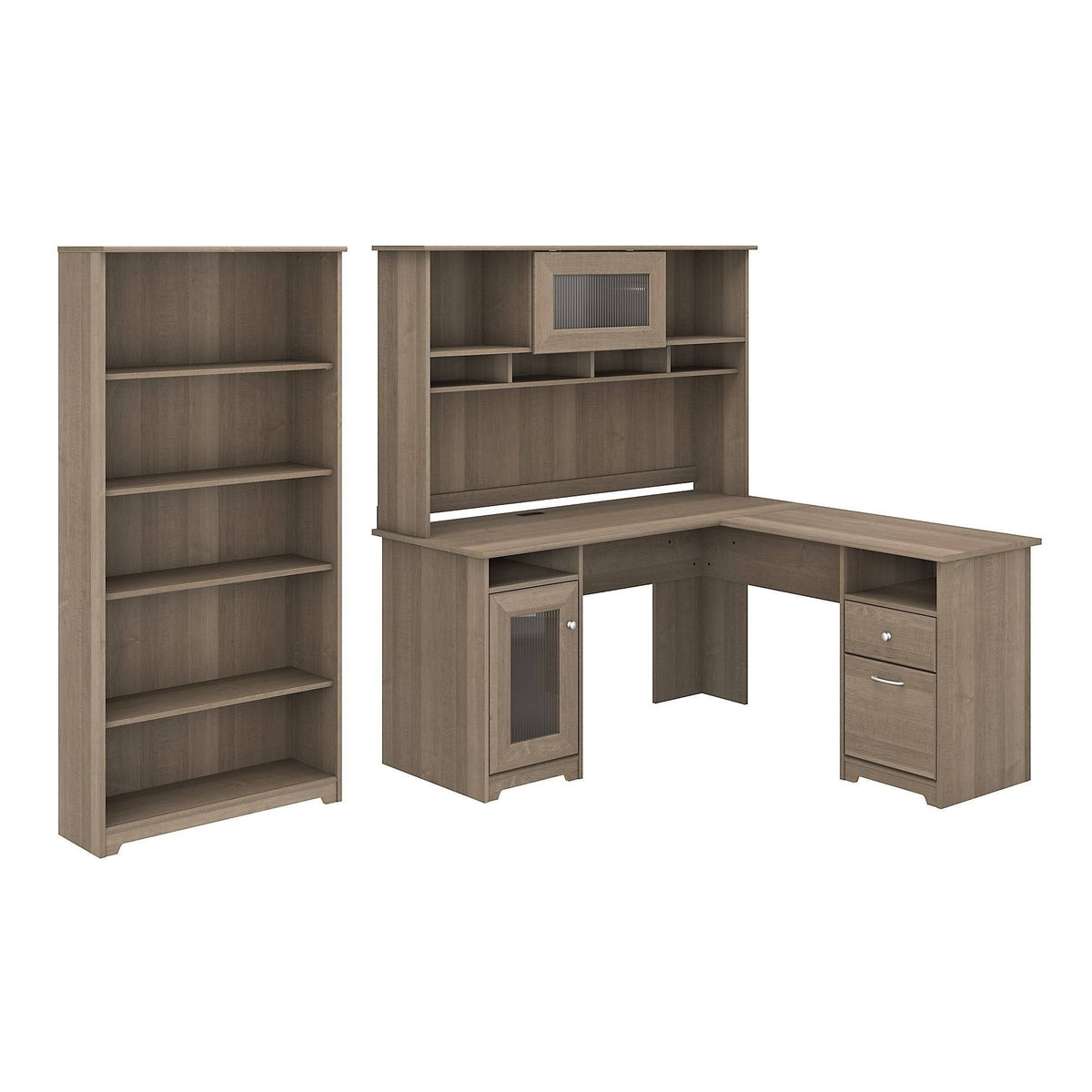 Heather Gray Metal L-Shaped Hutch Desk with 5-Shelf Bookcase T64334