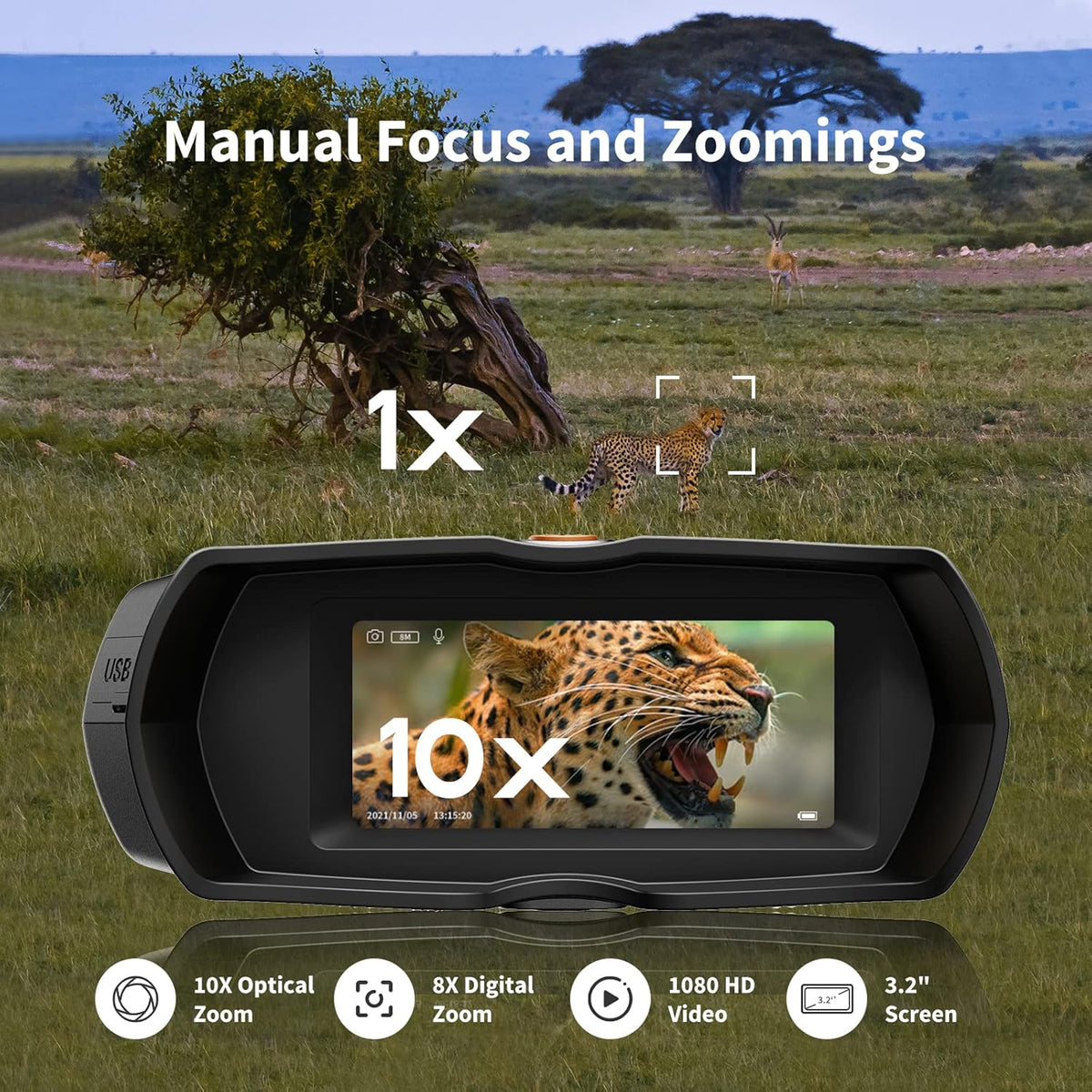 Night Vision Goggles with 10X Optical Zoom, 1080P Video, 3.2 LCD, Rechargeable Battery V7320