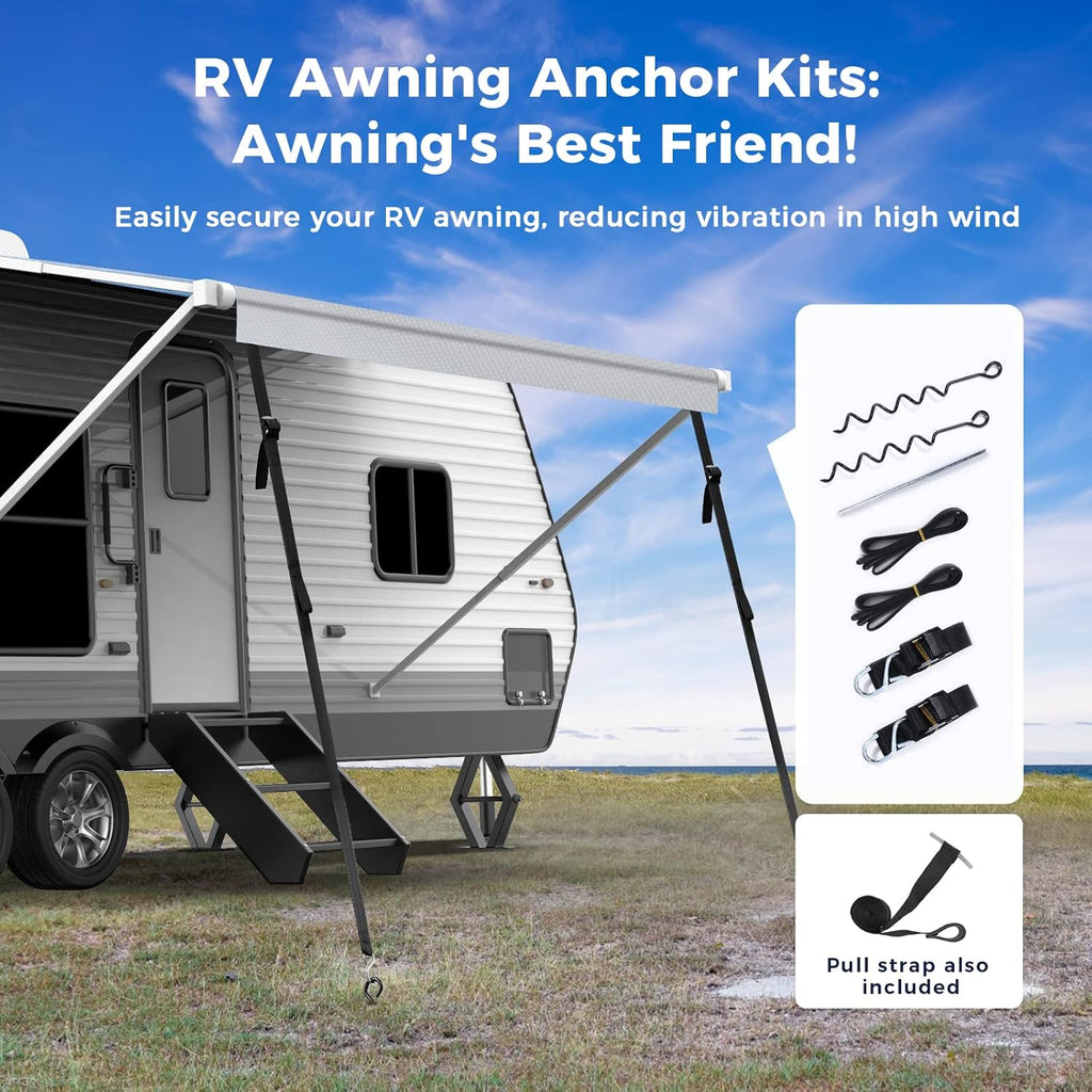 280GSM RV Awning Replacement Fabric with Awning Anchor Kits & Pull Tension Strap, Gray I867391
