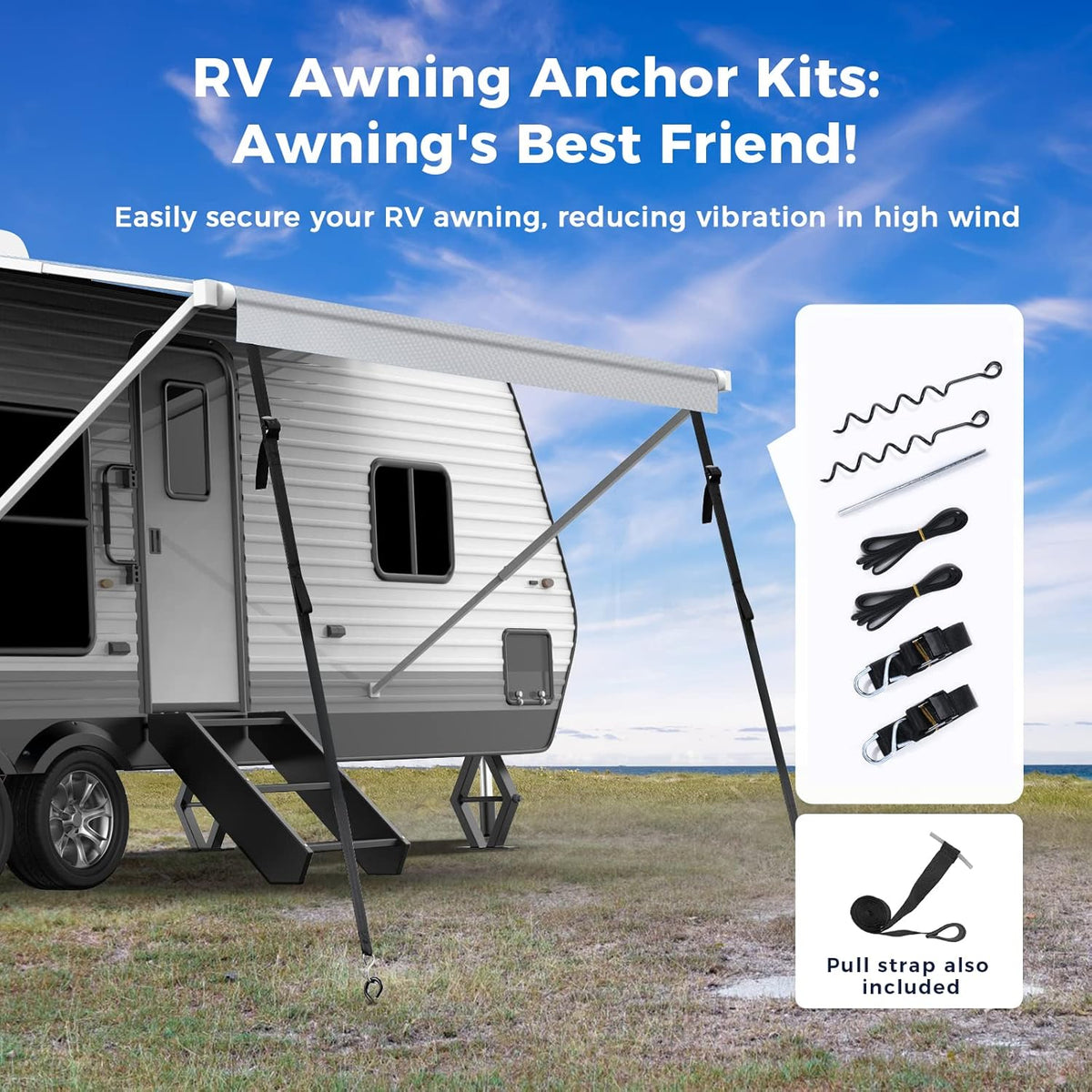 280GSM RV Awning Replacement Fabric with Awning Anchor Kits & Pull Tension Strap, Gray I867391