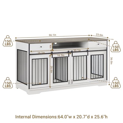 75'' Double Dog Crate Furniture with Double Door Grey P8357