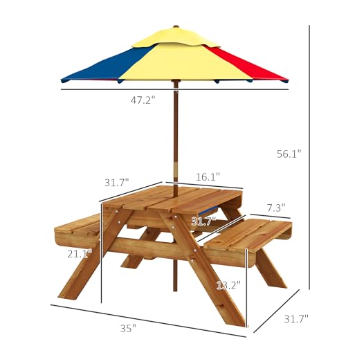 Kids Picnic Table with Foldable Umbrella, 3 in 1 Sand and Water Activity Table C32186
