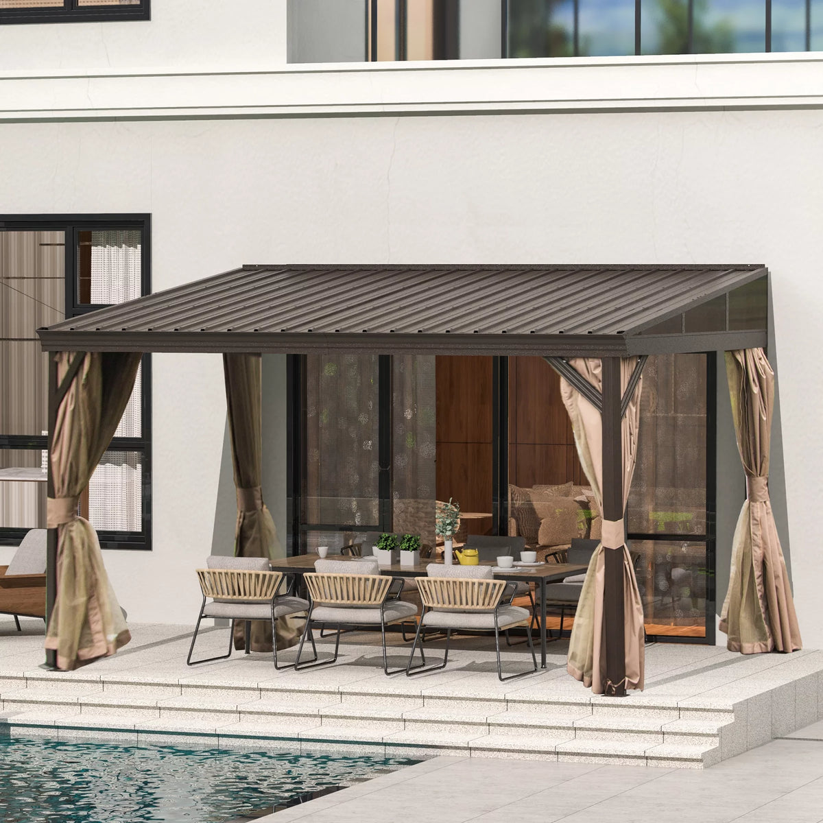 10x12FT Hardtop Wall Mounted Gazebo with Curtains and Netting I2113