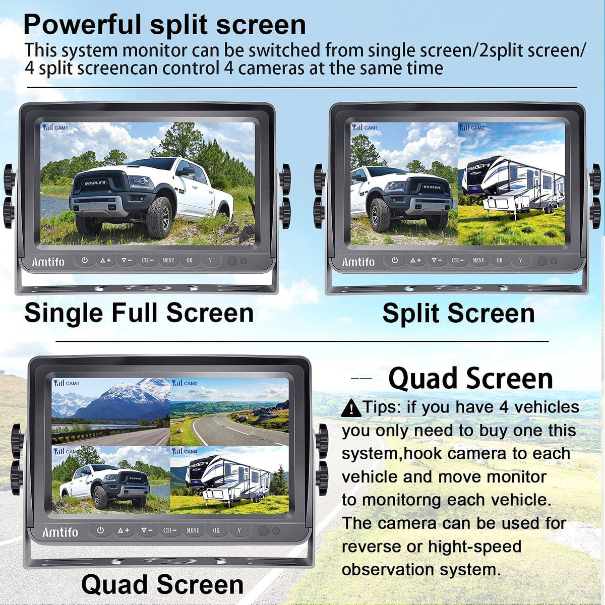 Wireless 4 Rear View Cameras with 7" Monitor for RVs C631