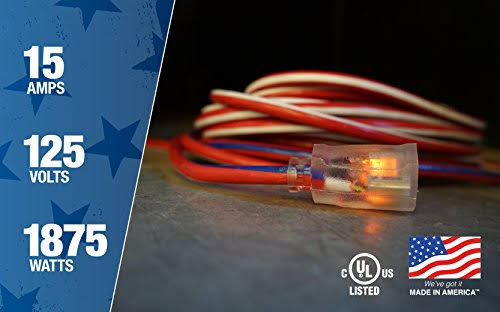 Red White and Blue 100-Feet 12/3 Extension Cord with Lighted End O9905