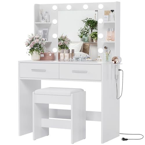 White Vanity Desk with Mirror and Bench N189761