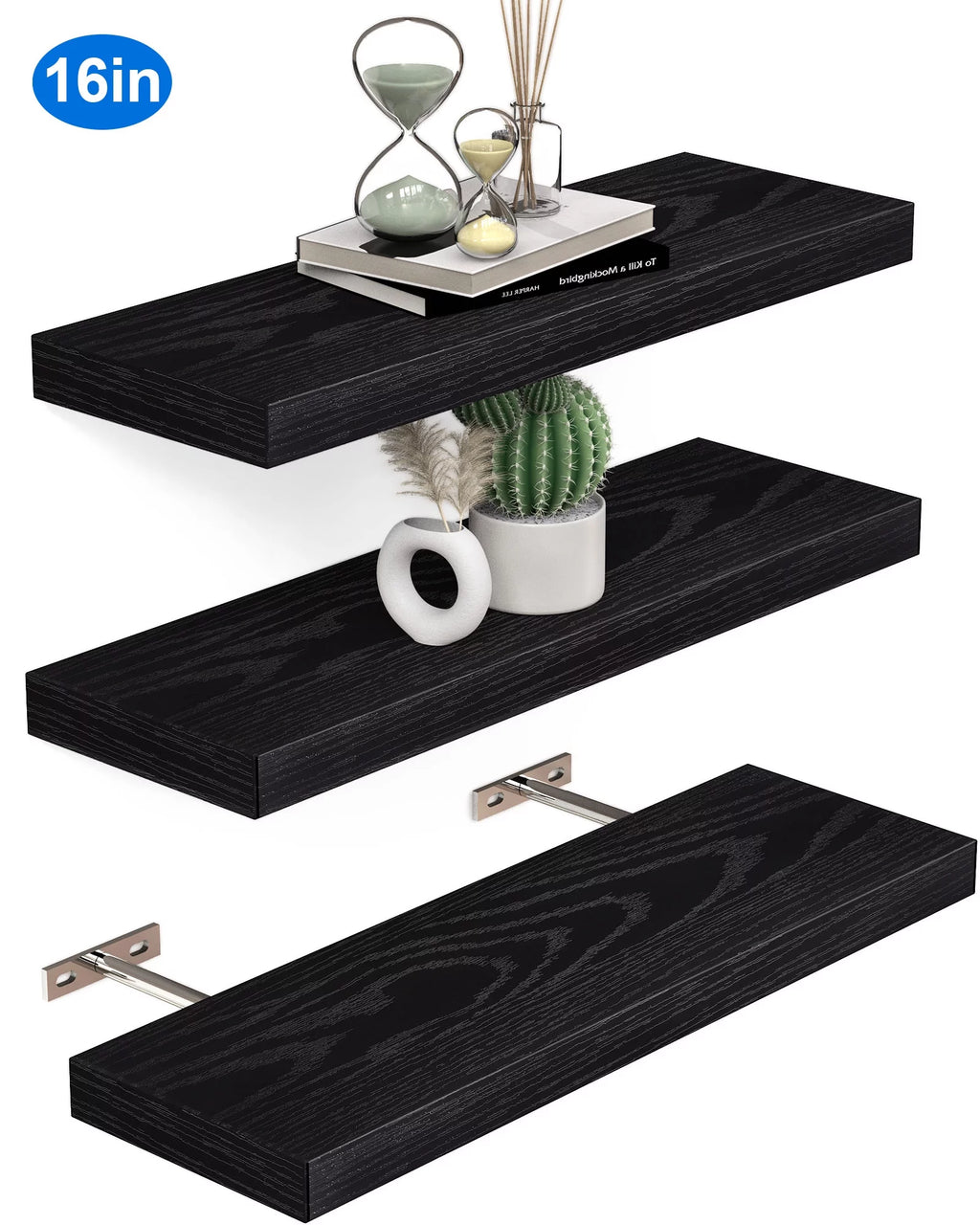 16 inch Black Wood Floating Shelves Set of 3 G2749